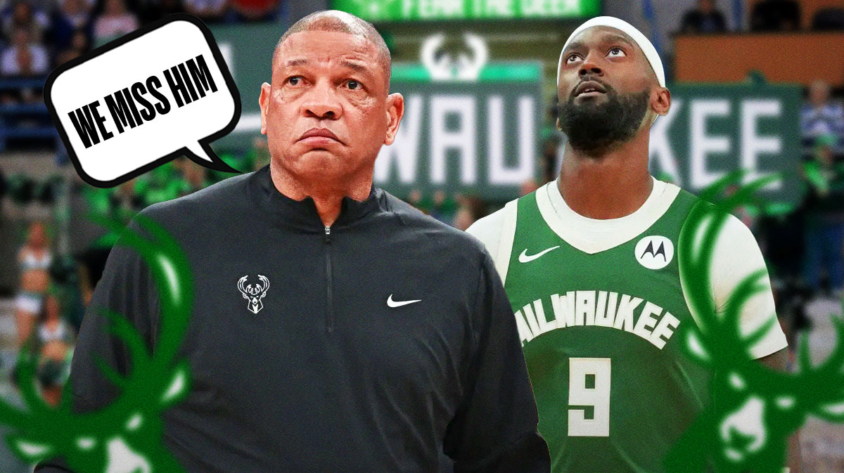 Bucks head coach Doc Rivers with a thought bubble that says "We miss him" and Bucks forward Bobby Portis is standing next to him