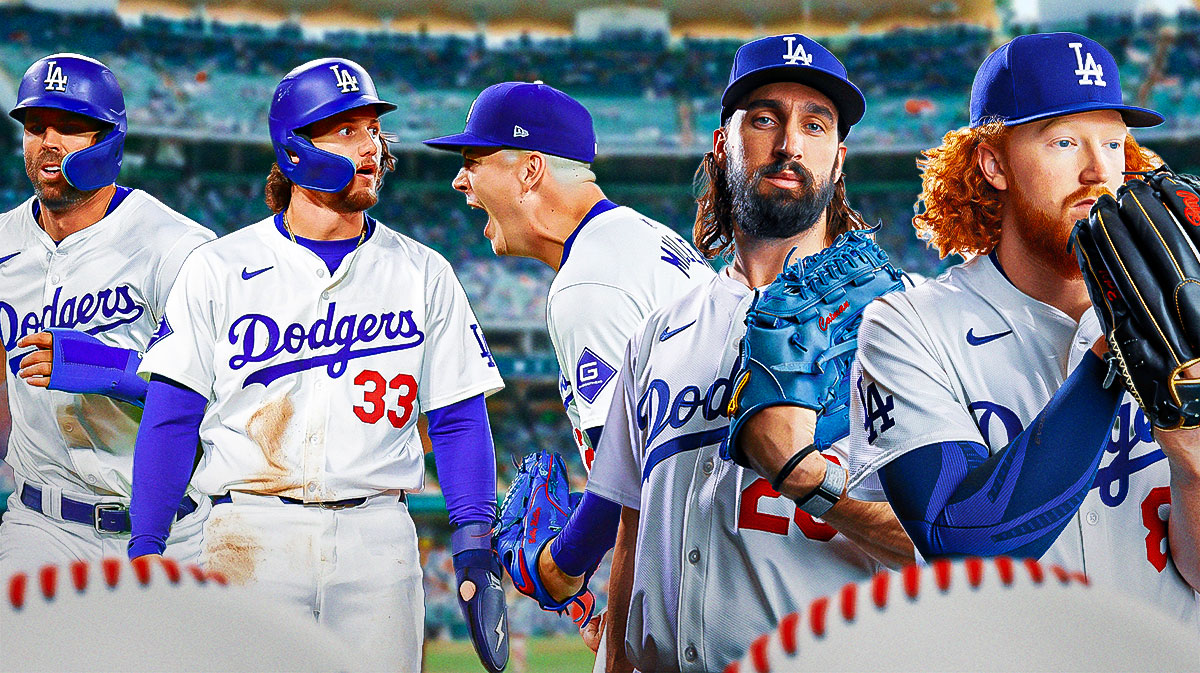 Dodgers Dustin May, Dodgers Bobby Miller, Dodgers Tony Gonsolin on right. Dodgers James Outman, Dodgers Chris Taylor on left
