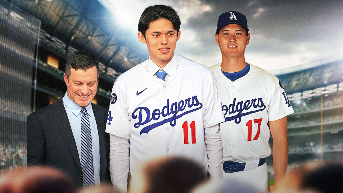 Andrew Freidman with Roki Sasaki and Shohei Ohtani of the Dodgers