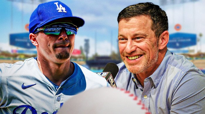 Andrew Friedman, Kike Hernandez. Dodger Stadium in the background