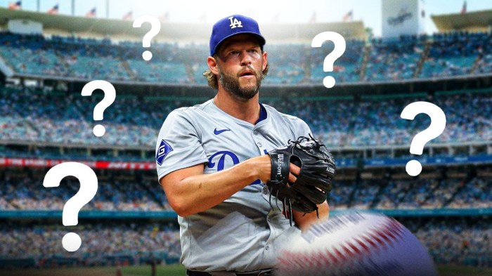 Dodgers Clayton Kershaw at Dodger Stadium with question marks everywhere.