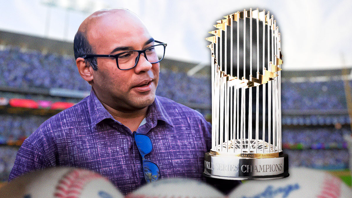 Farhan Zaidi and World Series trophy with Dodger Stadium background