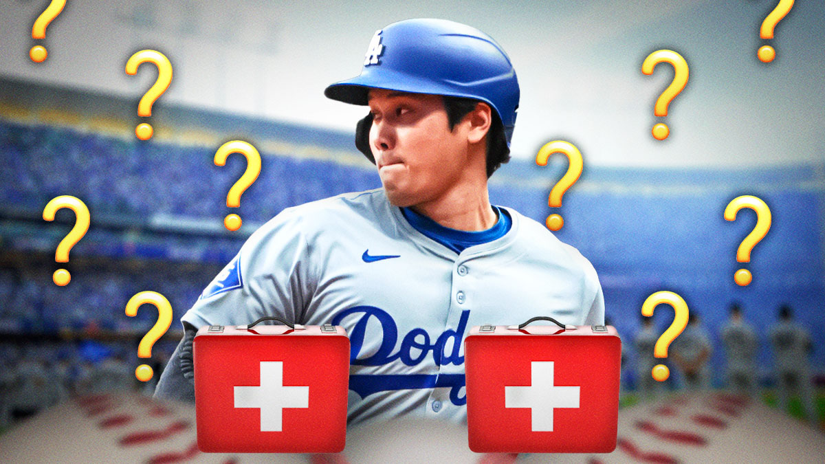 Dodgers pitcher/hitter Shohei Ohtani with question marks around him, and first-aid kits