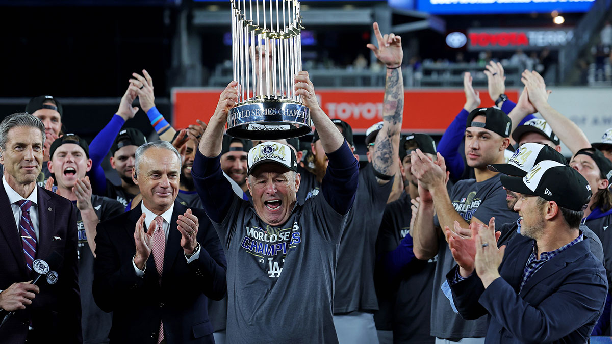 Los Angeles Dodgers President and director Stan Kasten are celebrated with the trophy of Commissioners after Los Angeles Dodgers beaten New York Yankees in the game four to win 2024 billion World Series in Yankee Stadium.