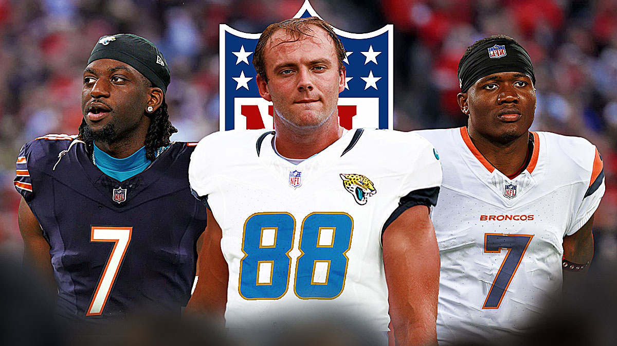 Brock Bowers photoshopped in Chargers jersey. Brian Thomas photoshopped in Bears jersey. Bucky Irving photoshopped in Broncos jersey. All with jersey numbers please. 2024 NFL Draft logo front and center.