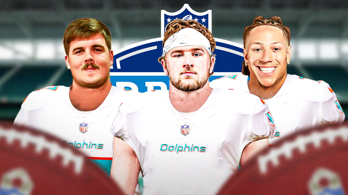 Tyler Warren, Grey Zabel, and Billy Bowman Jr. all in Dolphins uniforms with a 2025 NFL Draft background.