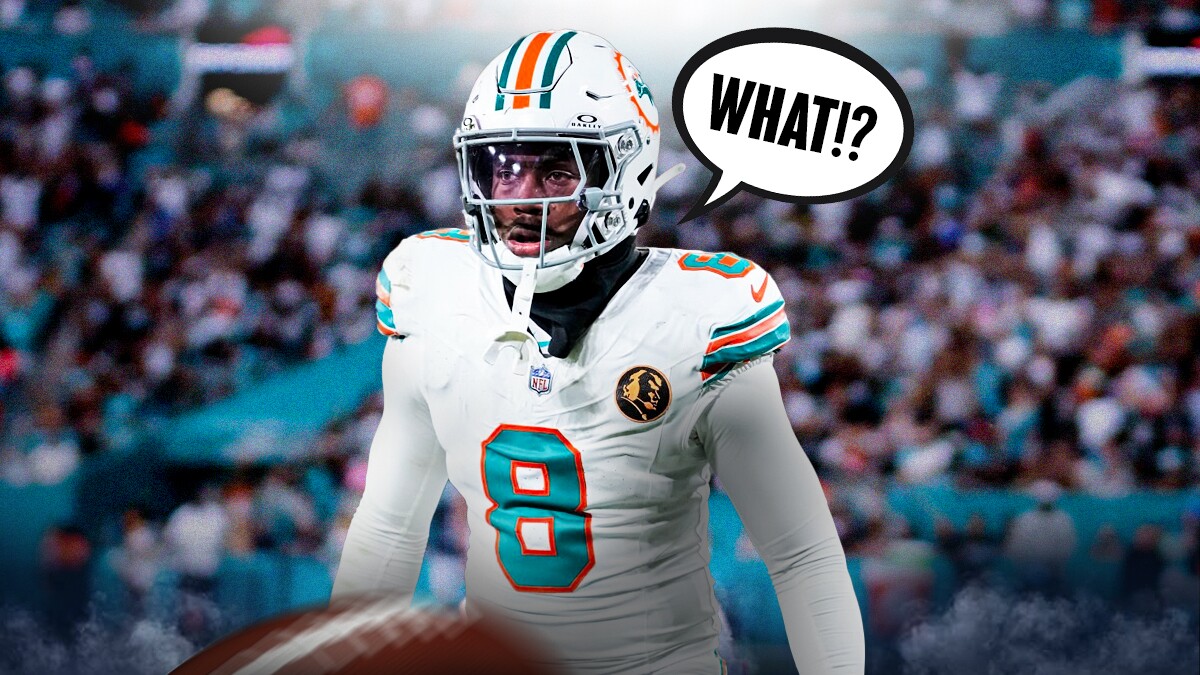 Jevon Holland with a text bubble reading "What!?" next to the Dolphins stadium.