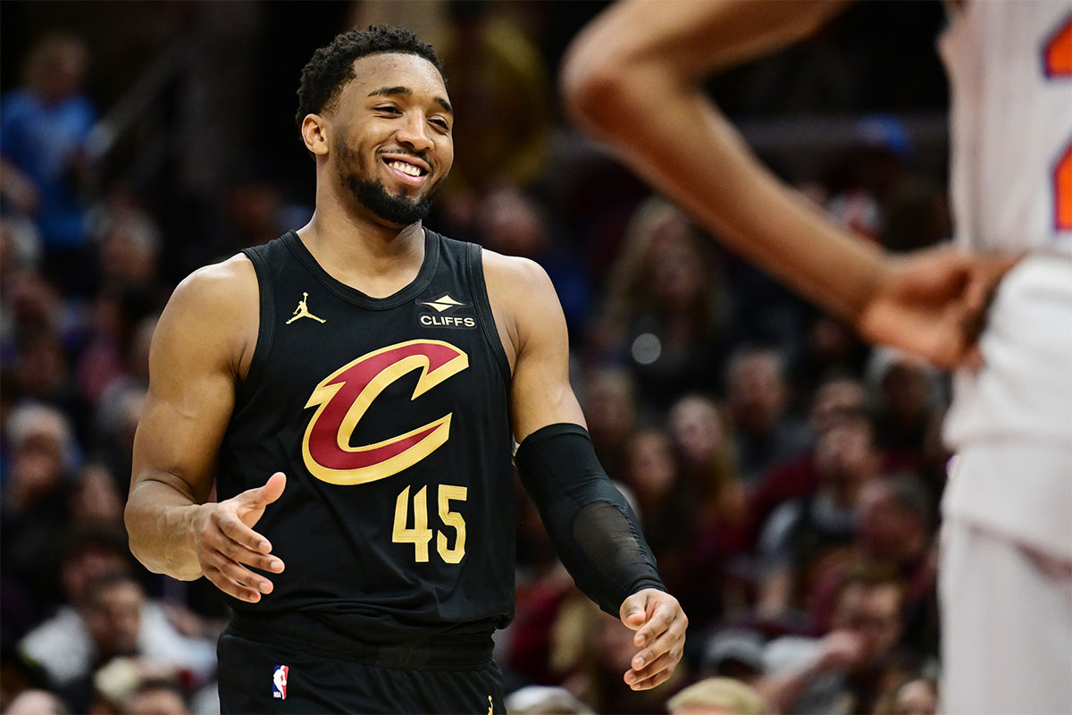 Cleveland Cavaliers guard Donovan Mitchell (45) reacts during the second half against the New York Knicks at Rocket Arena.