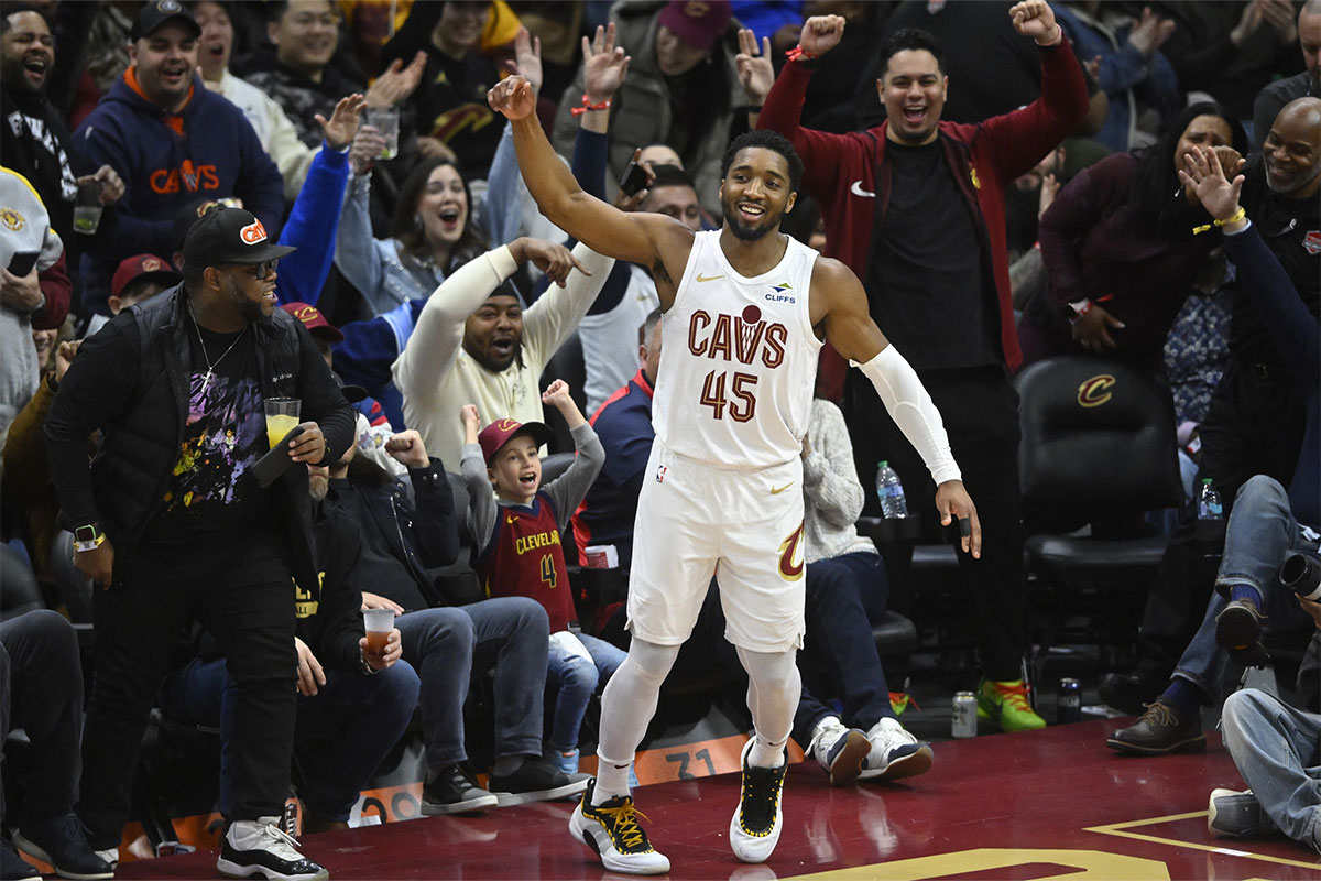 Cleveland Cavaliers guard Donovan Mitchell (45) celebrates in the third quarter against the Minnesota Timberwolves at Rocket Mortgage FieldHouse.