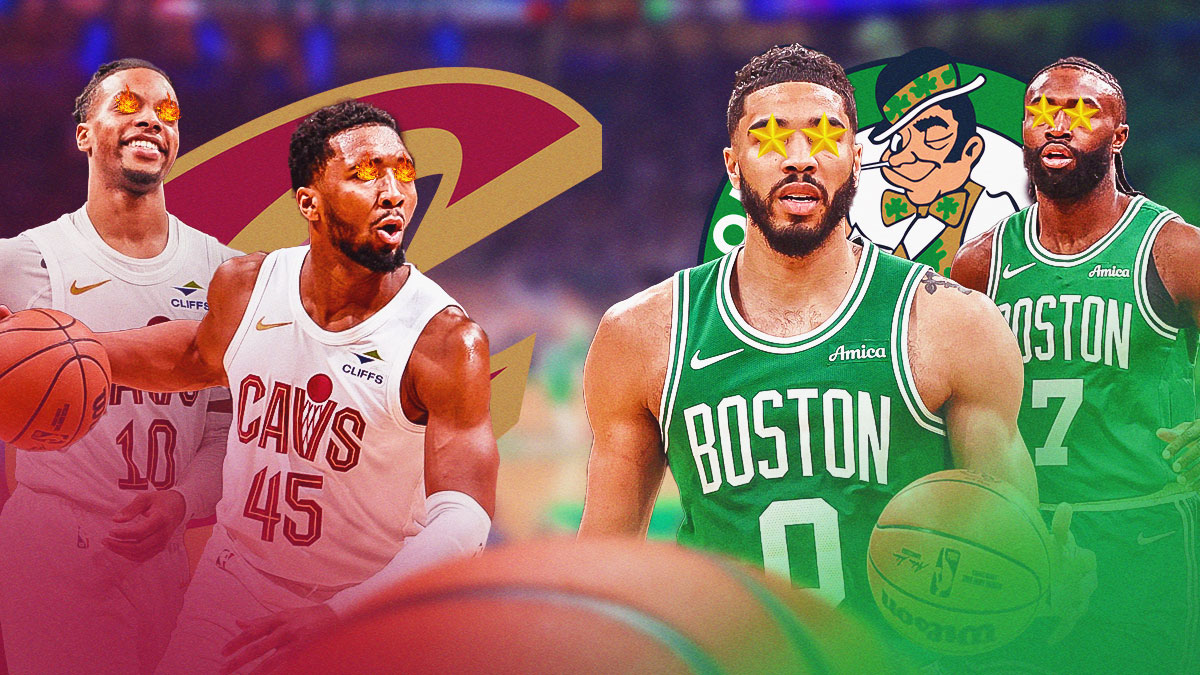 Darius Garland and Donovan Mitchell (with fire in their eyes) staring at Jayson Tatum and Jaylen Brown (with stars in their eyes) featuring a Cavs-Celtics-Championship-themed background.