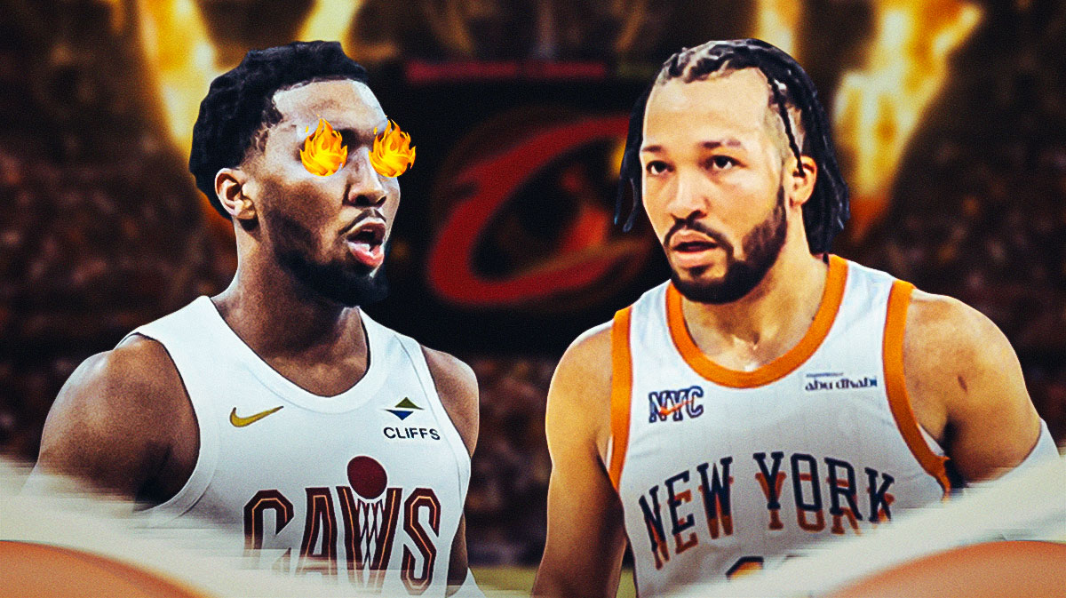 Donovan Mitchell (with his fire in his eyes) staring down Jalen Brunson featuring a Cavs-Knicks-themed BG.