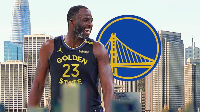 Warriors forward Draymond Green next to the Warriors logo with the San Francisco skyline in the background