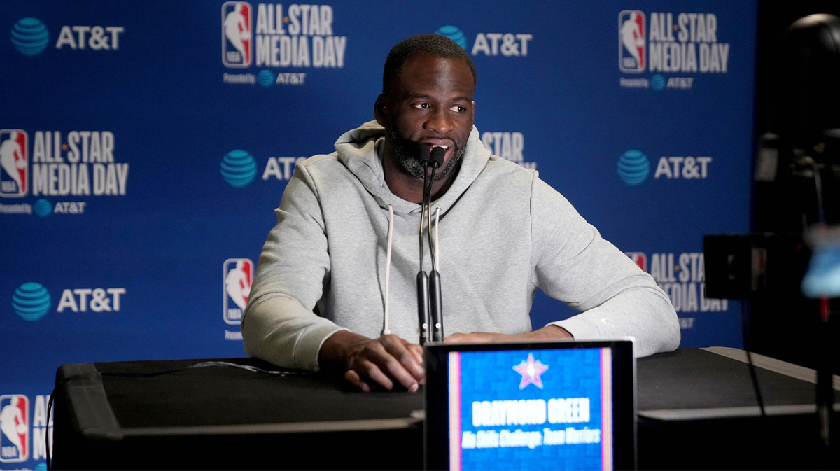 Golden State Warriors forward Draymond Green (23) talks to the media during the NBA All Star-Practice at Oracle Arena. Mandatory Credit: Cary Edmondson-Imagn Images