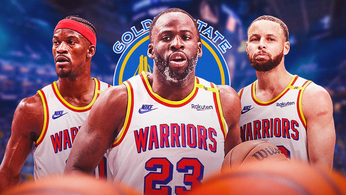 Draymond Green in the center, with Stephen Curry and Jimmy Butler on either side, and the Warriors logo in the background.