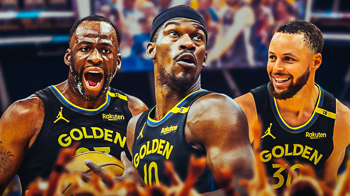 Golden State Warriors star Jimmy Butler in the middle with Draymond Green and Stephen Curry on either side in front of Kaseya Center.