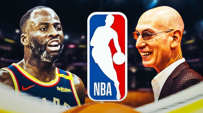 Warriors veteran Draymond Green next to NBA commissioner Adam Silver and with the NBA logo in the background