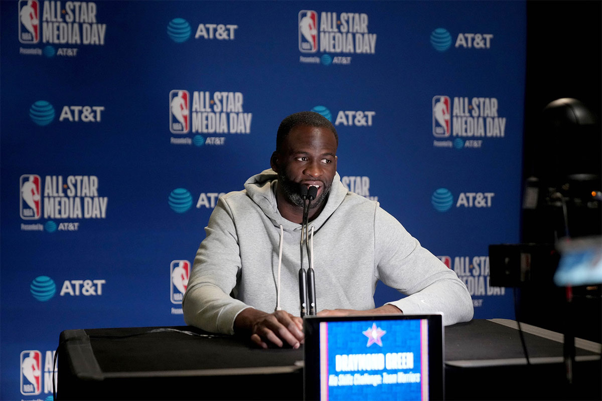 Golden State Warriors forward Draymond Green (23) talks to the media during the NBA All Star-Practice at Oracle Arena. 