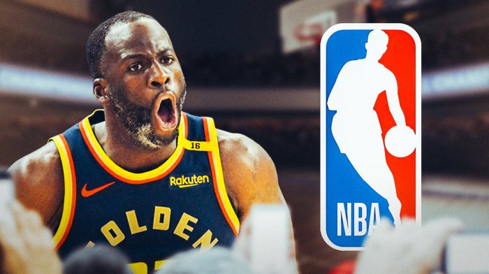 Draymond Green with question marks around him, and the NBA trade deadline logo in the background