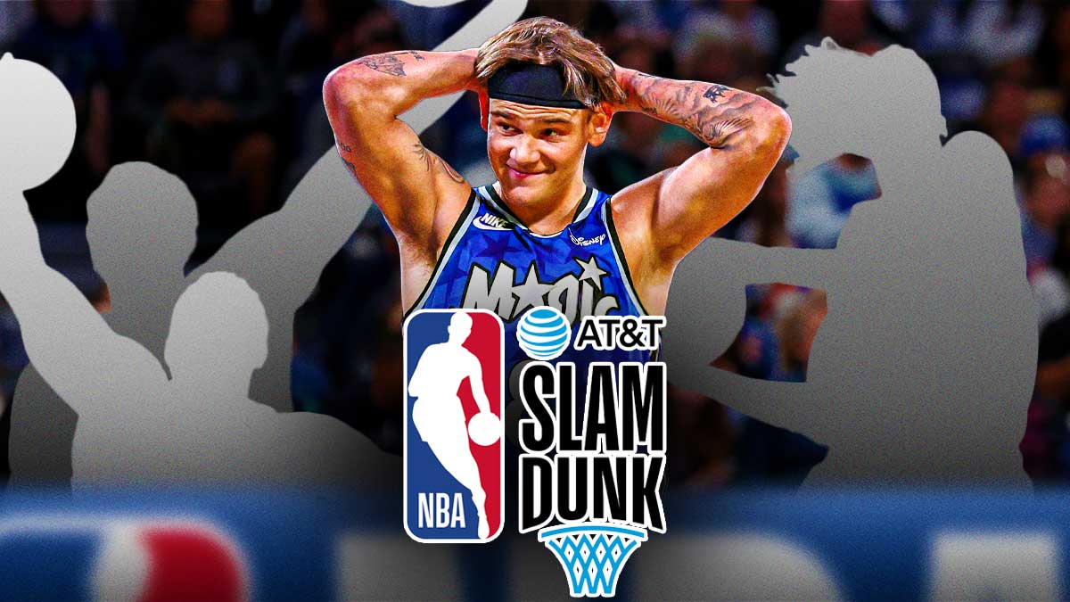 Mac McClung dunking in Dunk Contest and silhouettes of Ja Morant, Zion Williamson, and Zach LaVine dunking as well. Slam Dunk logo front and center.