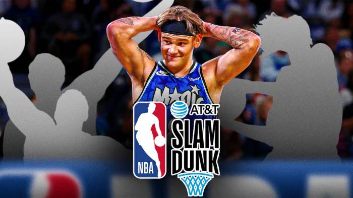 Mac McClung dunking in Dunk Contest and silhouettes of Ja Morant, Zion Williamson, and Zach LaVine dunking as well. Slam Dunk logo front and center.