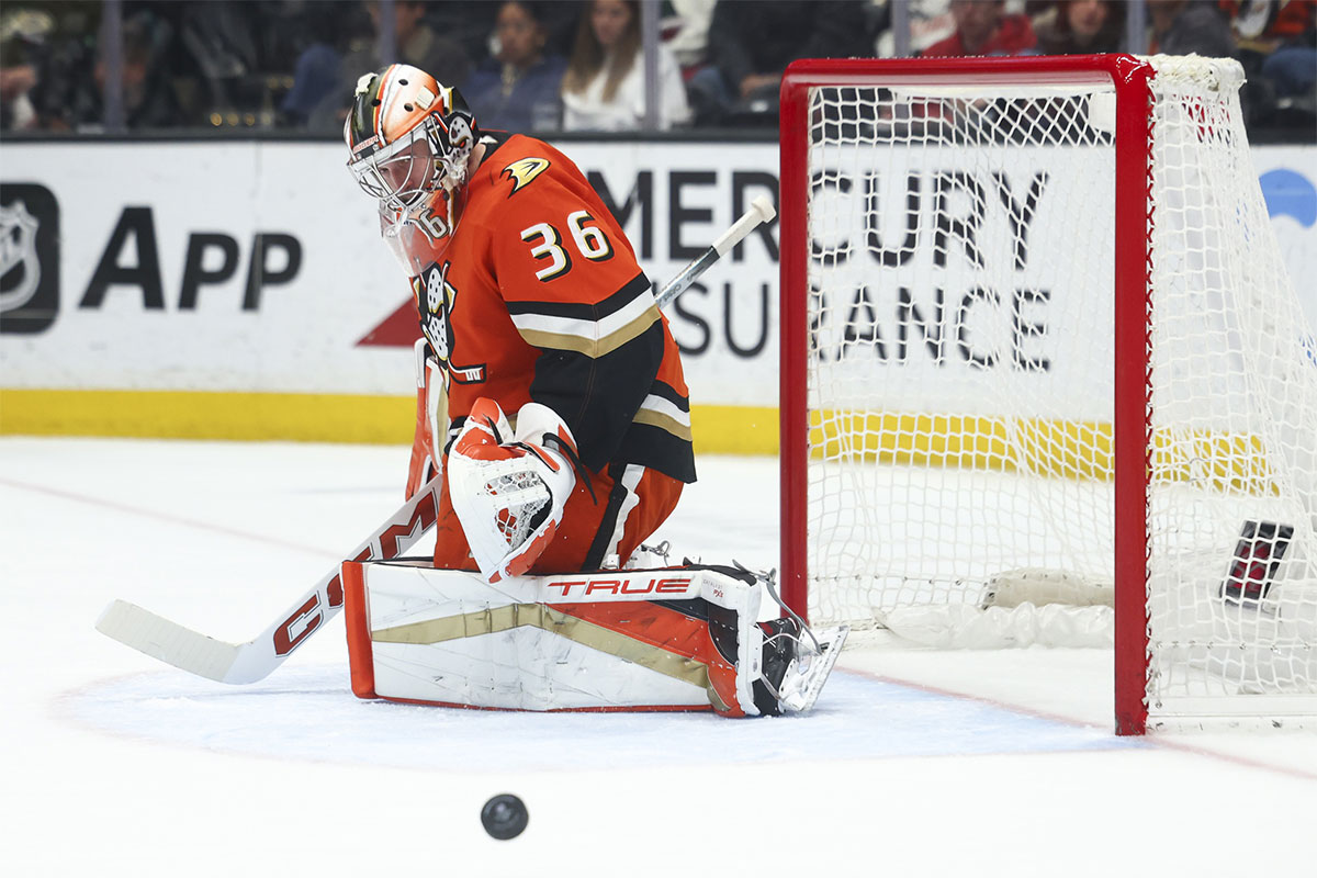 Anaheim Ducks goaltender John Gibson (36) looks on after making save during the first period of a hockey game against the Dallas Stars at Honda Center.