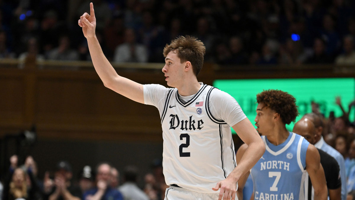 Duke Blue Devils forward Cooper Flagg (2) reacts during the first half against the North Carolina Tar Heels at Cameron Indoor Stadium.