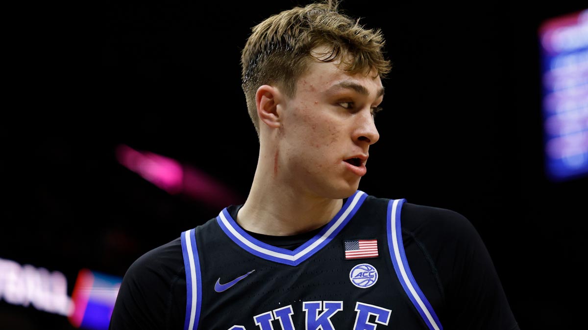 Duke Blue Devils guard Cooper Flagg (2) stands on the court during a stoppage in play against the Virginia Cavaliers in the second half at John Paul Jones Arena. 