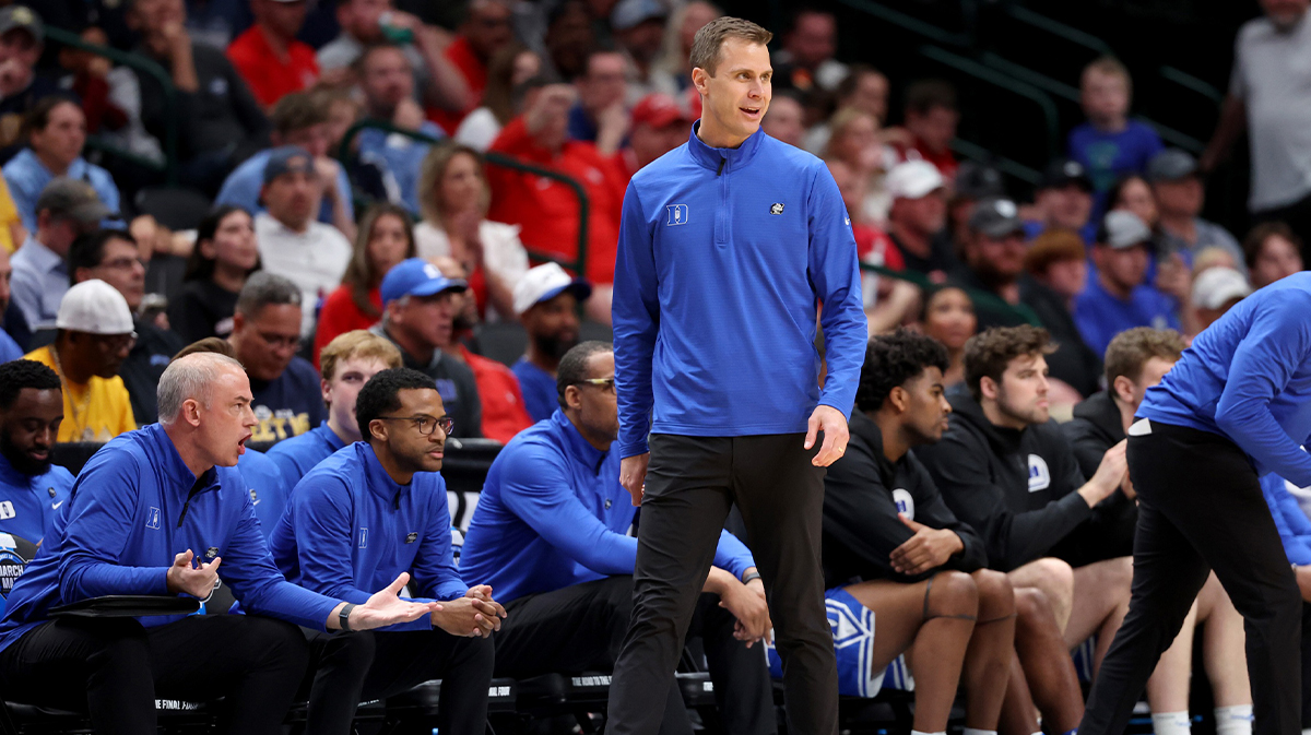 Duke Blue Devils head coach Jon Scheyer during the first half in the semifinals of the South Regional of the 2024 NCAA Tournament against the Houston Cougars at American Airlines Center.