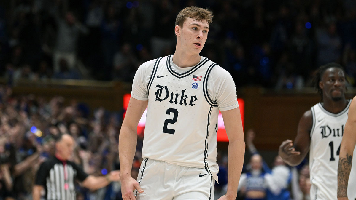 Duke Blue Devils forward Cooper Flagg (2) reacts after scoring in the first half against the North Carolina Tar Heels at Cameron Indoor Stadium.