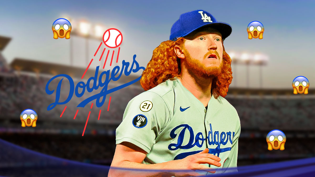 Dustin May in the center, the Dodgers logo behind him, and shock emojis all around.