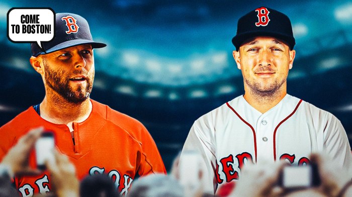 Dustin Pedroia on one side with a speech bubble that says "Come to Boston!" Alex Bregman on the other side in a Boston Red Sox jersey