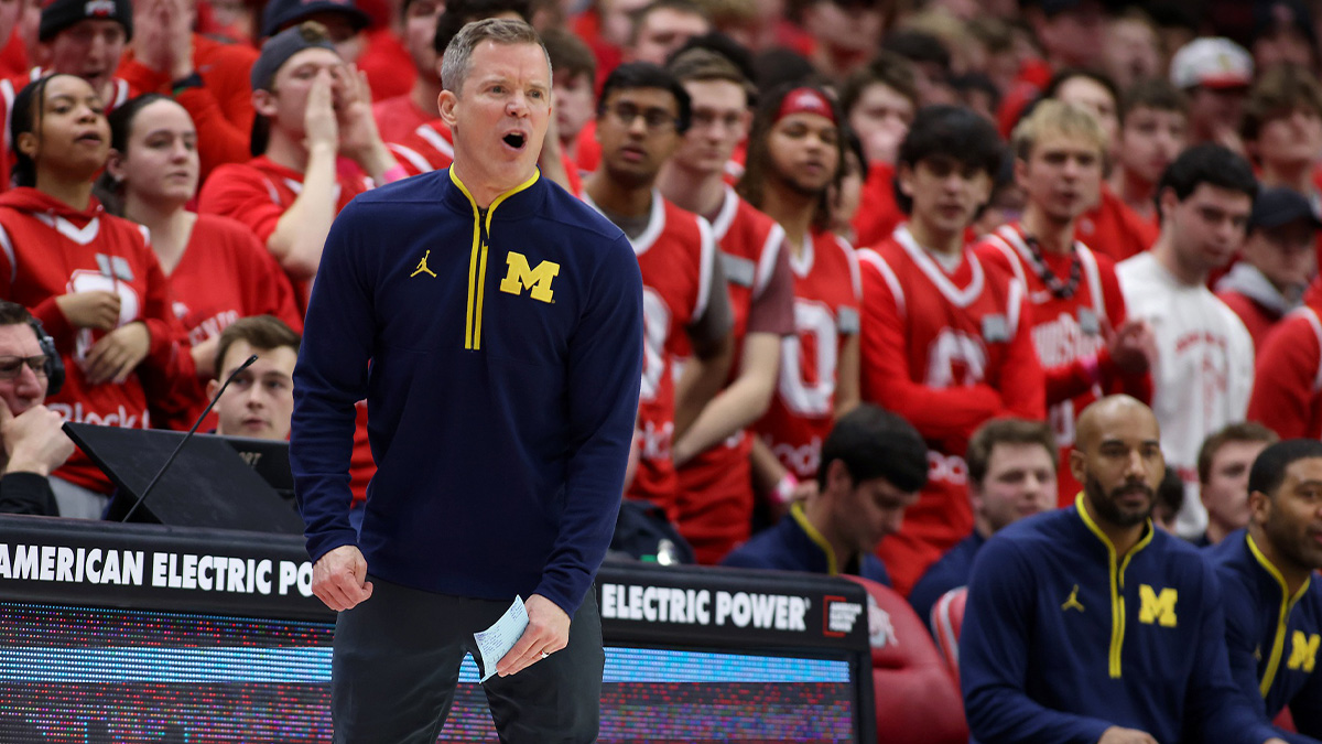 Feb 16, 2025; Columbus, Ohio, USA; Michigan Wolverines head coach Dusty May reacts to a call during the first half against the Ohio State Buckeyes at Value City Arena.