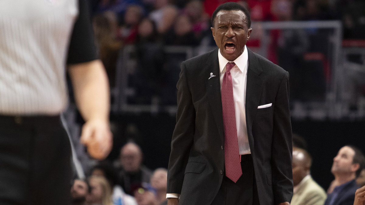 Detroit Pistons head coach Dwane Casey yells at a referee during the second quarter against the Atlanta Hawks at Little Caesars Arena. 