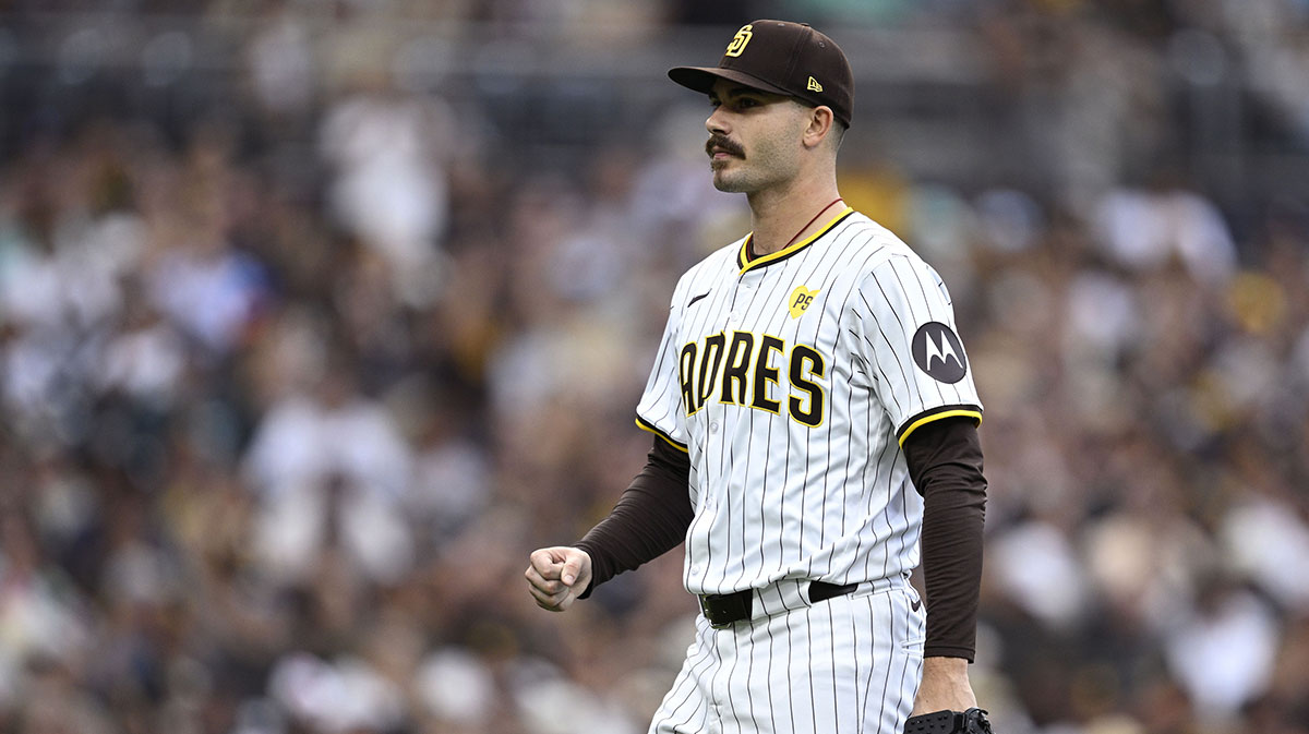 San Diego Padres starting pitcher Dylan Cease (84) celebrates during the eighth inning against the Houston Astros at Petco Park.