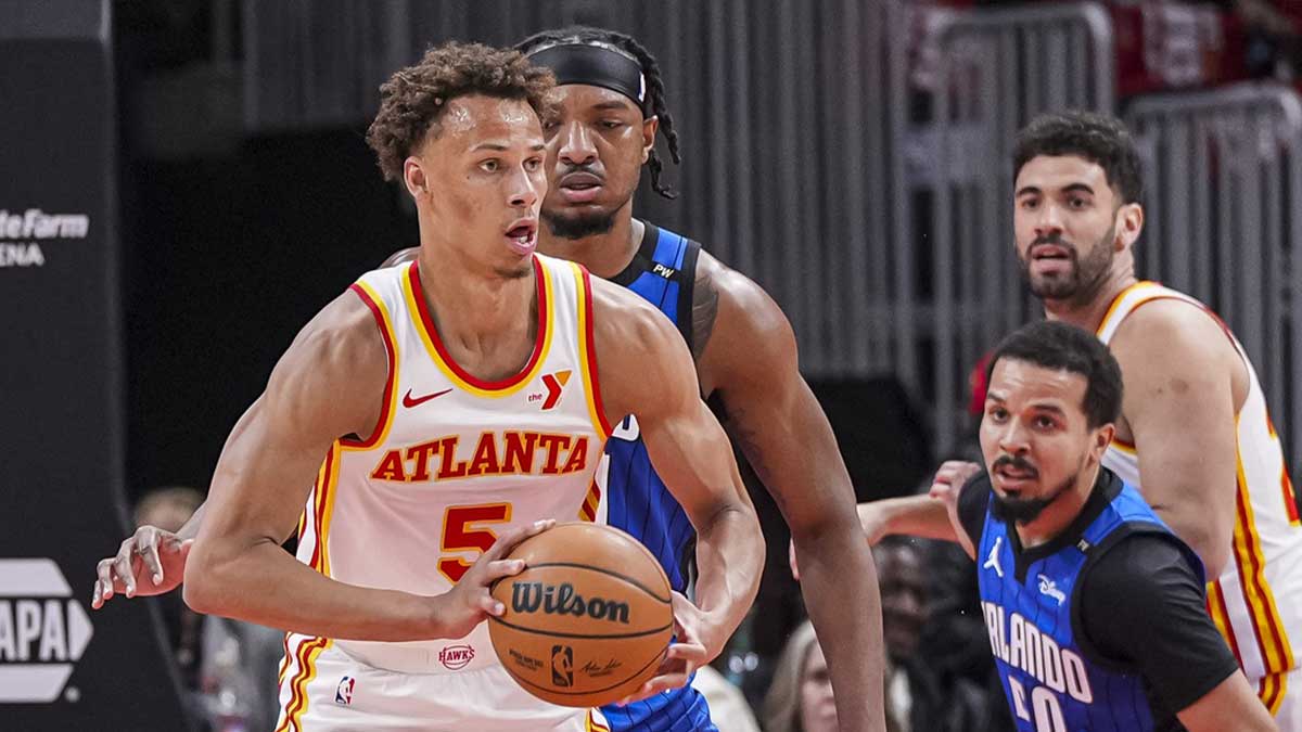 Atlanta goalkeeper Hawks Dyson Dysons (5) passes the ball against Orlando Magic during the first half at State Farm Arena.