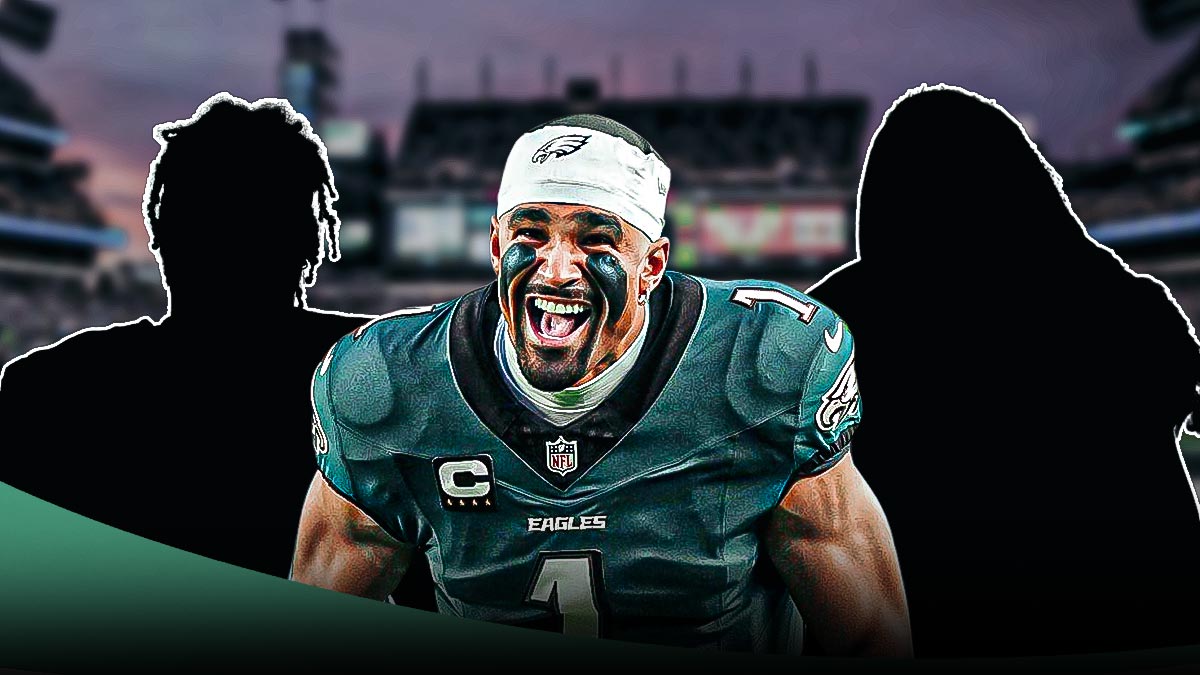 Jalen Hurts with thr blacked-out silhouette of Brandin Cooks on his left and the blacked-out silhouette of Chase Young on his right with the Eagles stadium as the background.