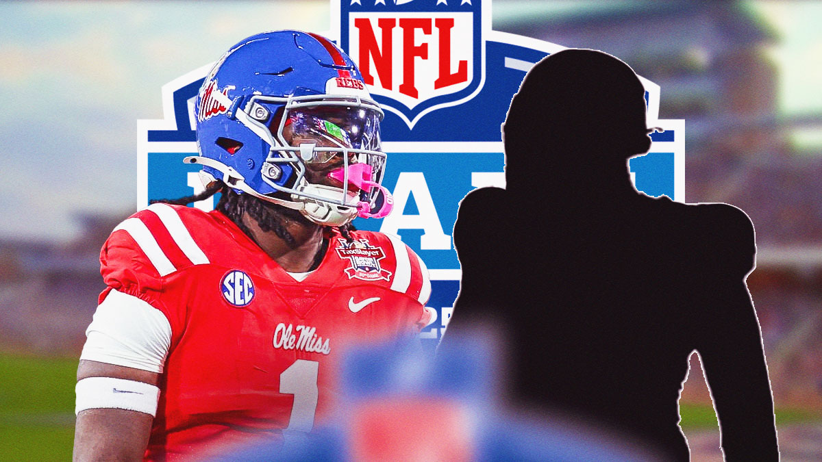 Princely Umanmielen next to the blacked-out silhouette of Emery Jones in front of the 2025 NFL Draft logo