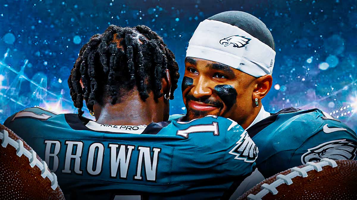 Photo: AJ Brown, Jalen Hurts beside each other celebrating in Eagles jerseys
