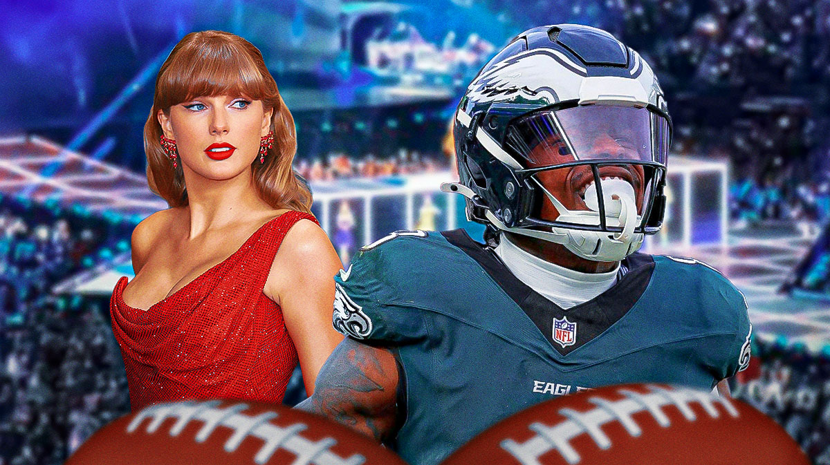Photo: CJ Gardner-Johnson laughing in Eagles jersey, have Taylor Swift fans in background
