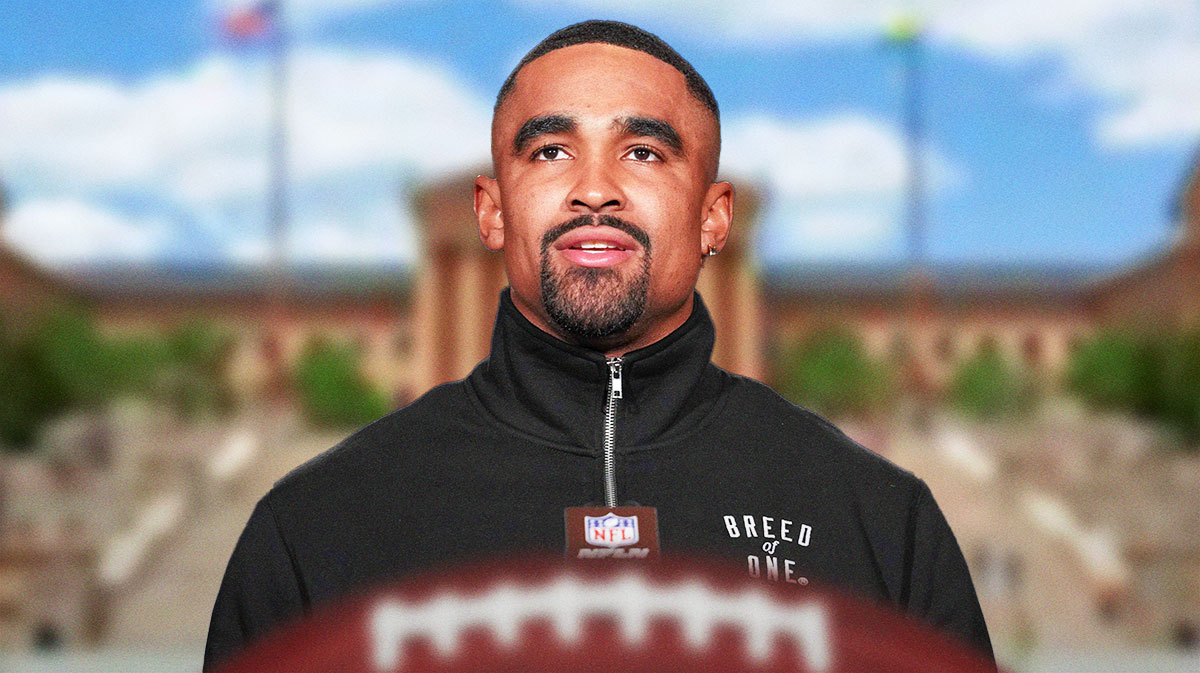 Photo: Jalen Hurts smiling in Eagles jersey at the Rocky steps in Philadelphia