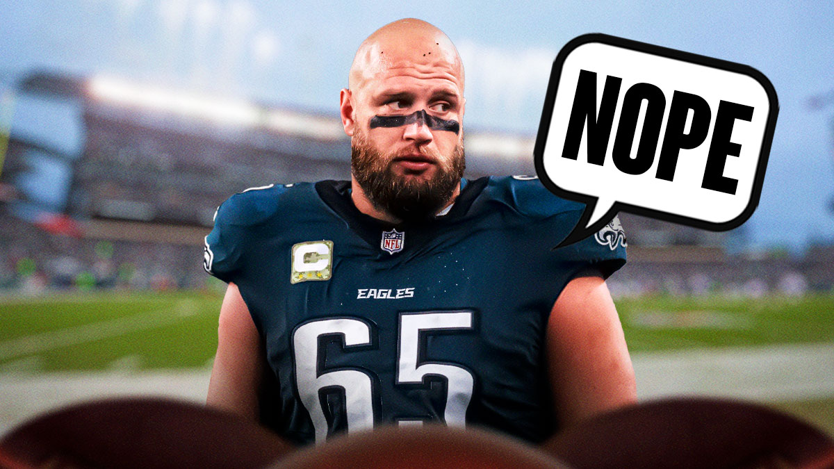 Photo: Lane Johnson in Eagles jersey looking serious saying "NOPE"