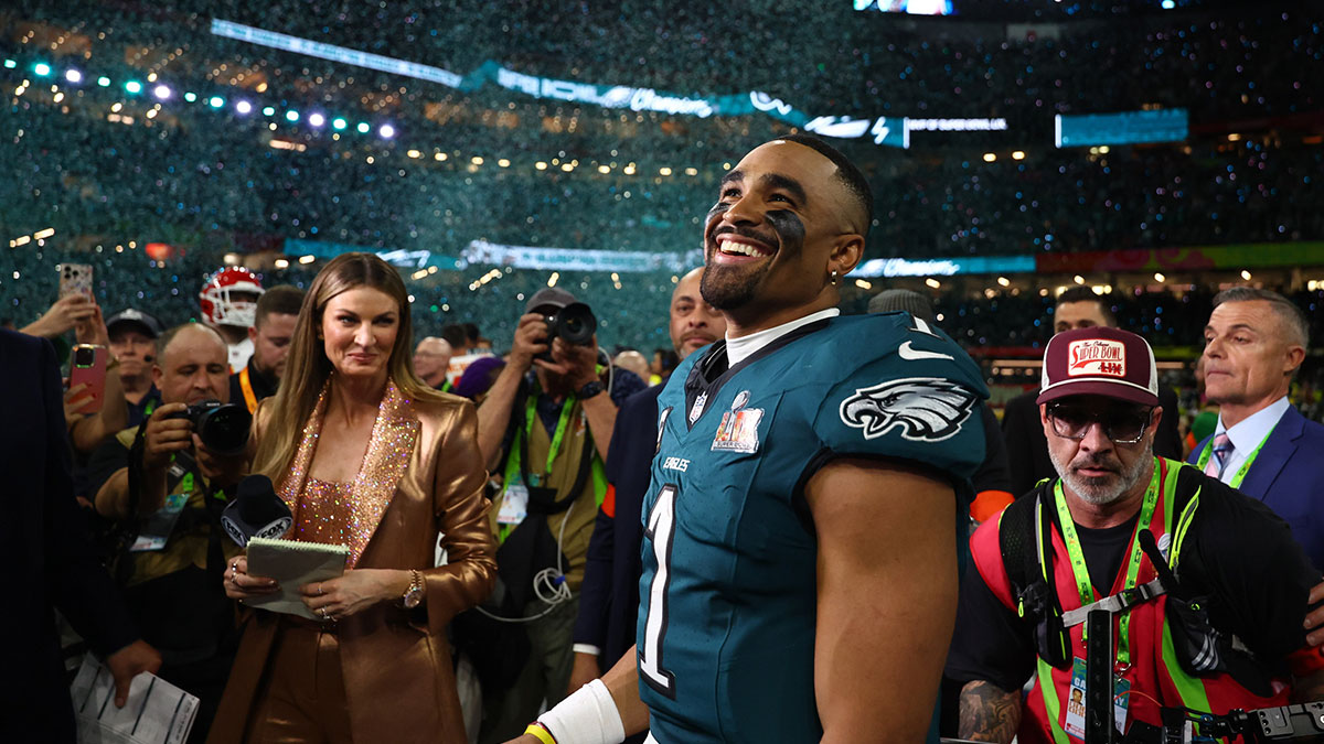 Philadelphia Eagles quarterback Jalen Hurts (1) celebrates after defeating the Kansas City Chiefs in Super Bowl LIX at Ceasars Superdome.