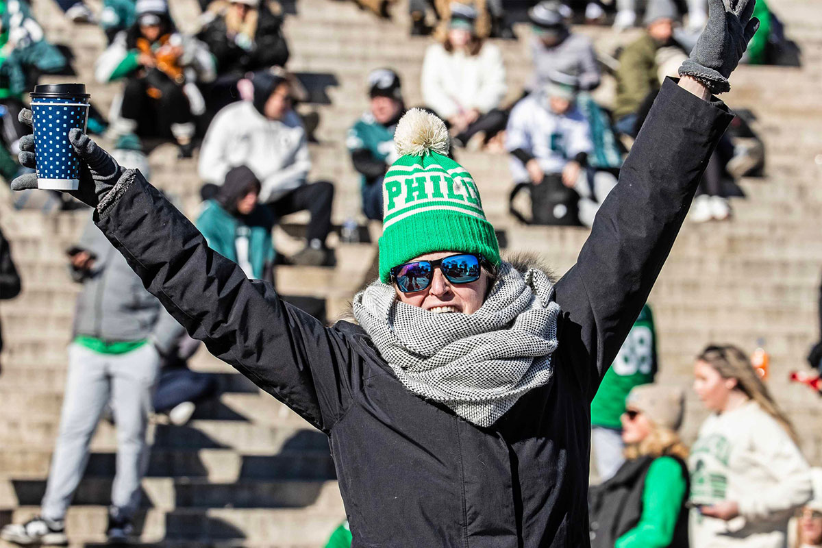 Fans celebrate the Philadelphia Eagles Super Bowl Championship with a parade along Benjamin Franklin Parkway set to end at the Philadelphia Museum of Art on Friday, Feb. 14, 2025.