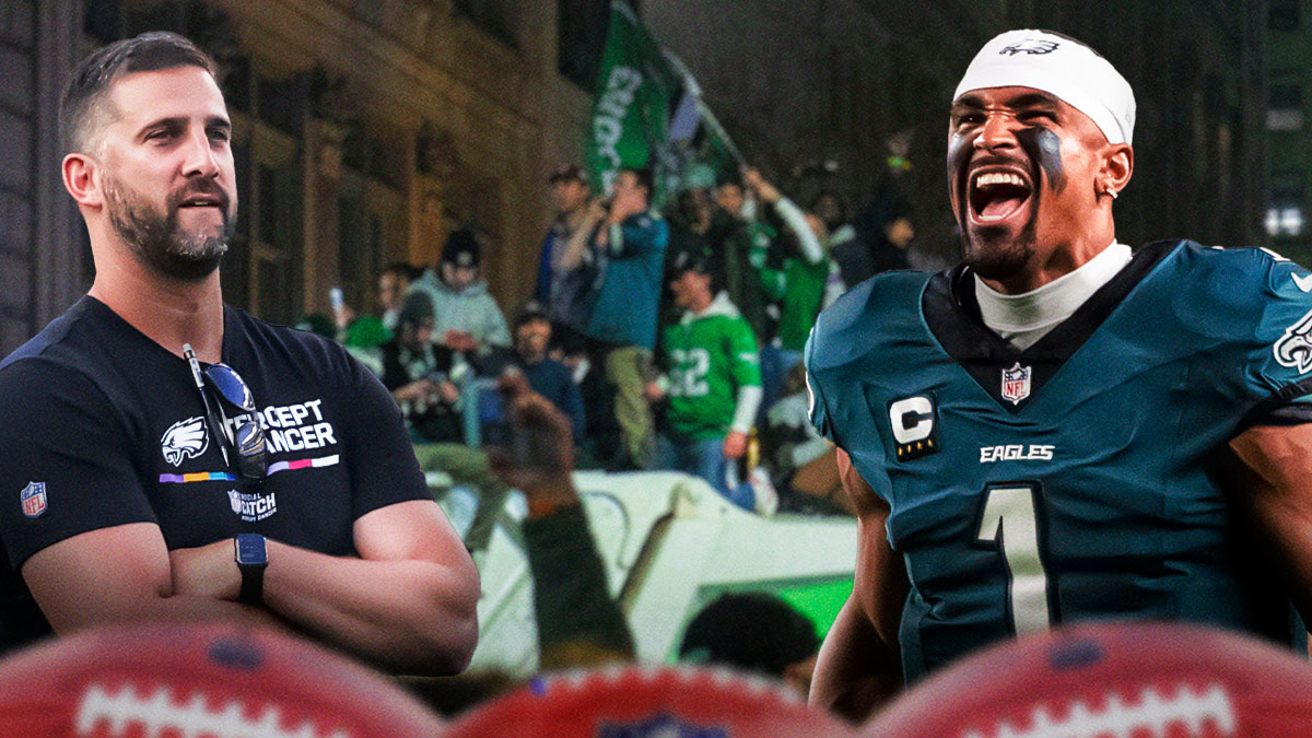 Photo: Eagles fans celebrating on Broad Street in Philadelphia, Jalen Hurts and Nick Sirianni laughing