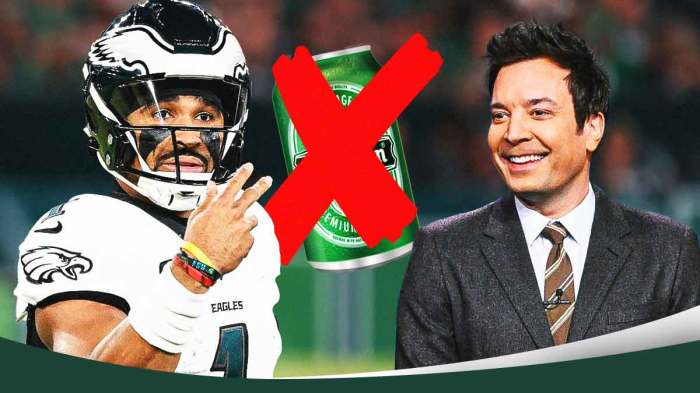Jalen Hurts in a Philadelphia Eagles uniform with Jimmy Fallon and a can of beer with a big red X through it in between them.