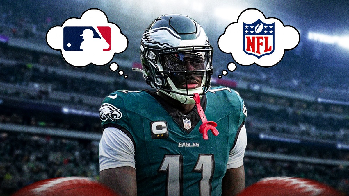 Eagles WR AJ Brown thinking with two separate thought bubbles. In one thought bubble, please put the MLB logo in it. In the other, please put the NFL logo in it. Background is Lincoln Financial Field.