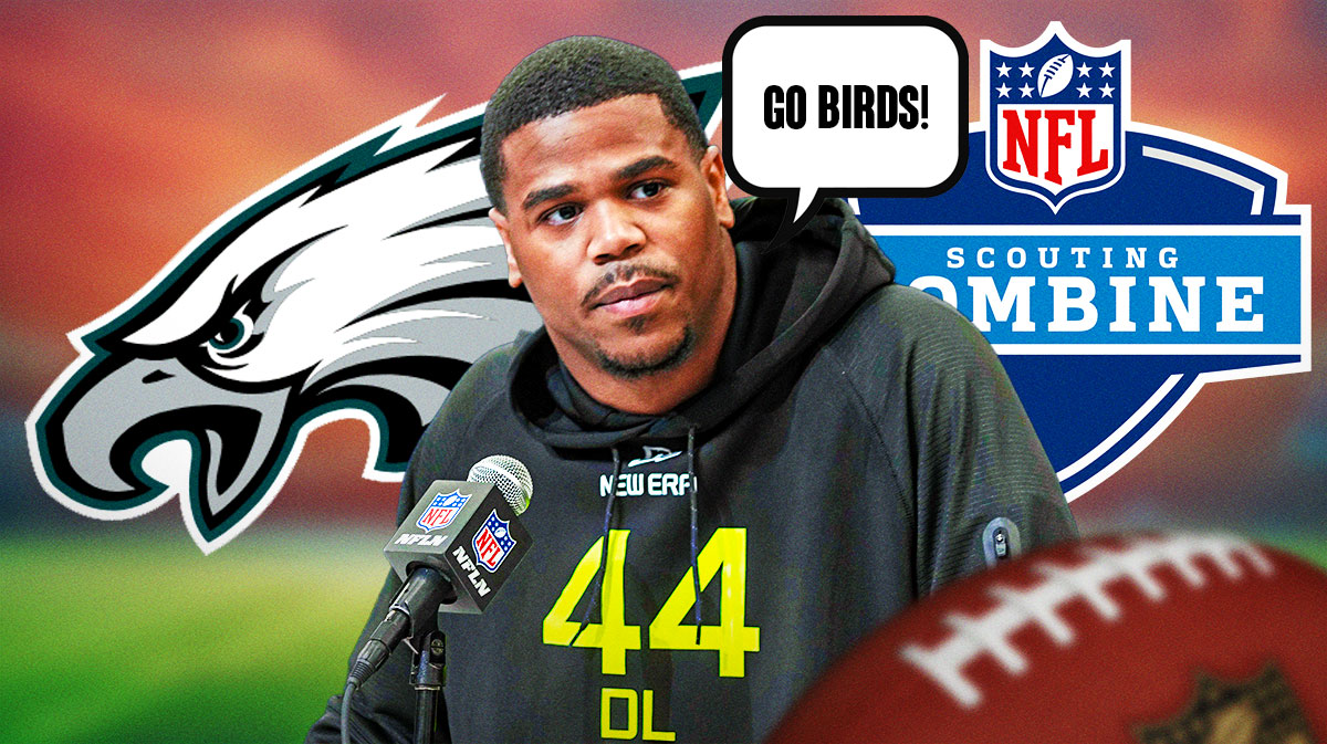 Penn State linebacker Abdul Carter with a speech bubble that says "Go Birds!" There are also logos for the Philadelphia Eagles and the NFL Combine.