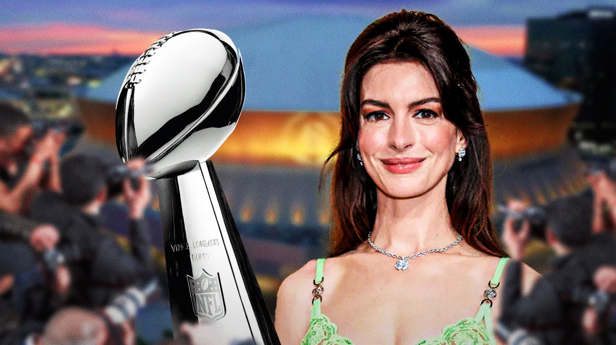 Lombardi Trophy and Philadelphia Eagles fan Anne Hathaway, who was at Super Bowl 59 at Caesars Superdome.