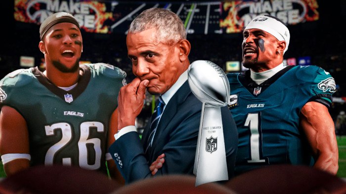 Former President Barack Obama in between Philadelphia Eagles Super Bowl 59 champions Saquon Barkley and Jalen Hurts, who defeated the Kansas City Chiefs, with Lombardi Trophy and Caesars Superdome background.