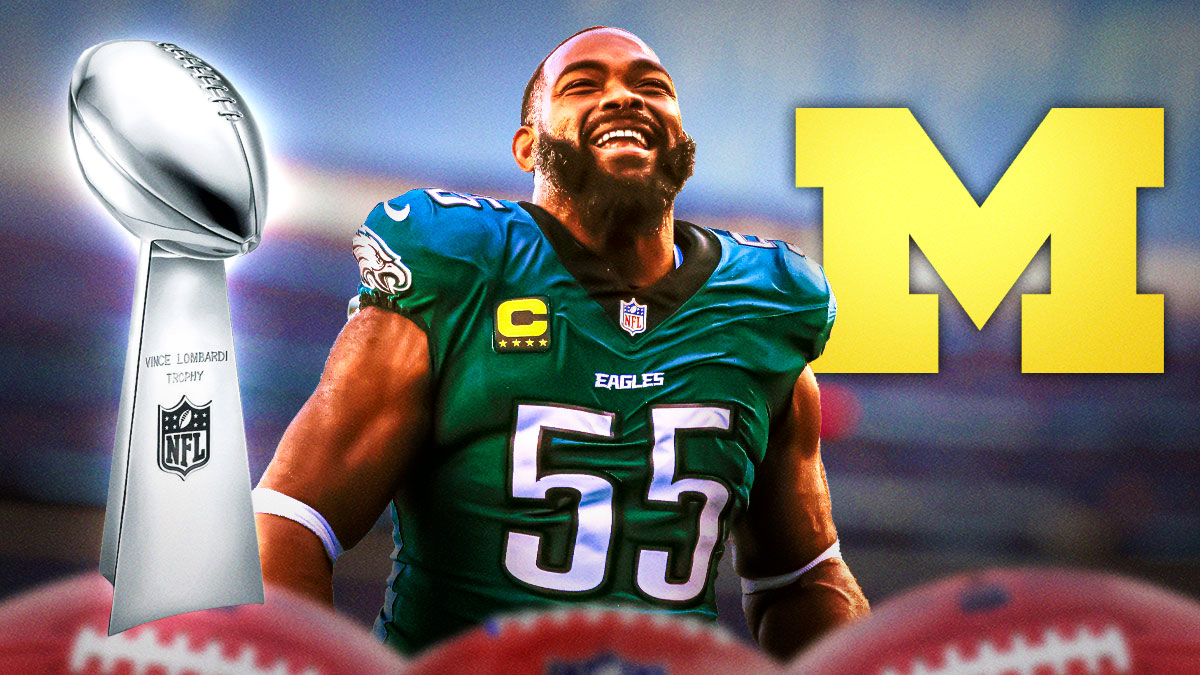 Brandon Graham smiling/celebrating in the middle with the Super Bowl trophy and a Michigan logo on one side